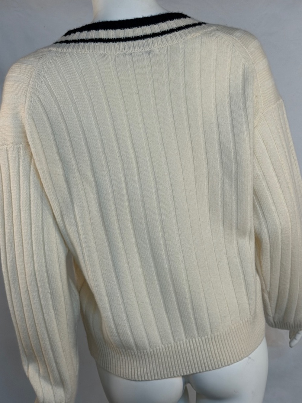 White + Warren Cream V-Neck Sweater with Navy Double-Stripe Trim - Picture 5 of 8